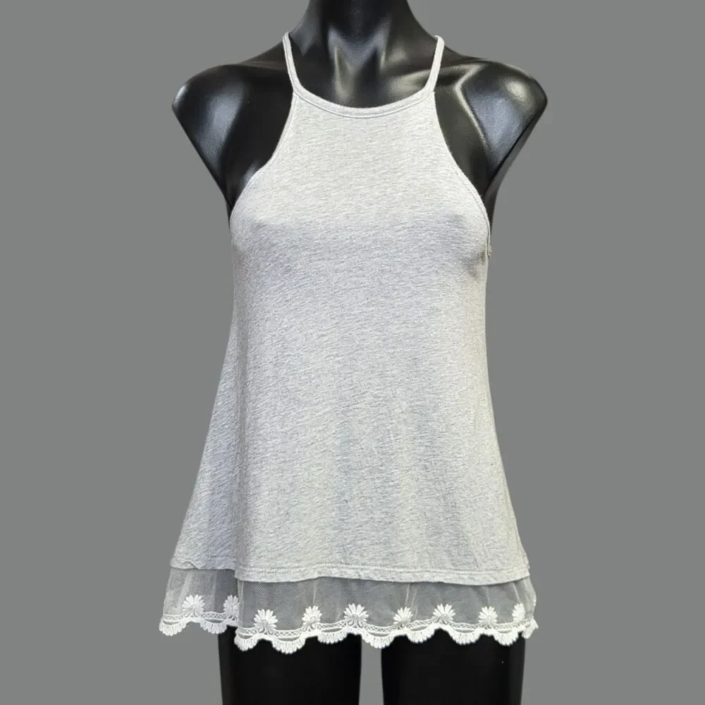L.A. Hearts Tank Top Womens XS Gray Halter Embroidered Lace Hem Jersey